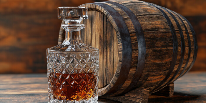 Mit Whisky befüllte Karaffe vor einem Holzfass