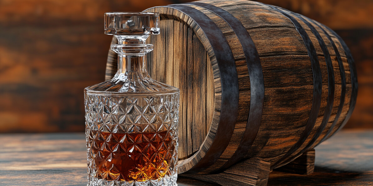 Mit Whisky befüllte Karaffe vor einem Holzfass