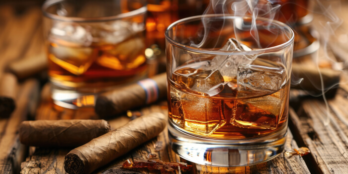 Arrangement von Zigarren und Whisky-Gläsern