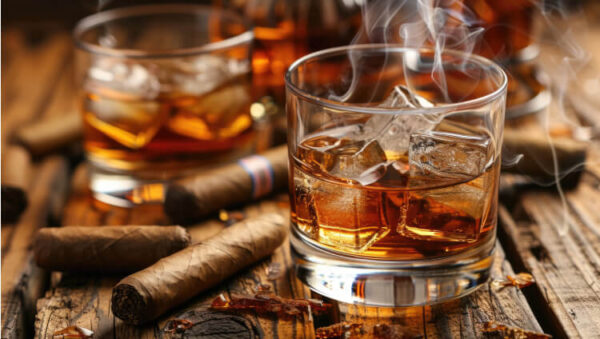 Whiskygläser mit Zigarren auf Holztisch